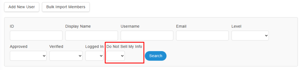 New search option for Do not sell my personal information