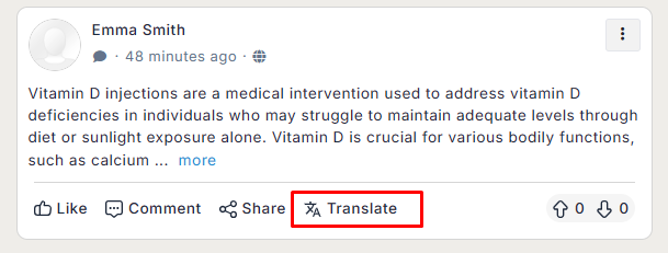 Translate option in the activity feed
