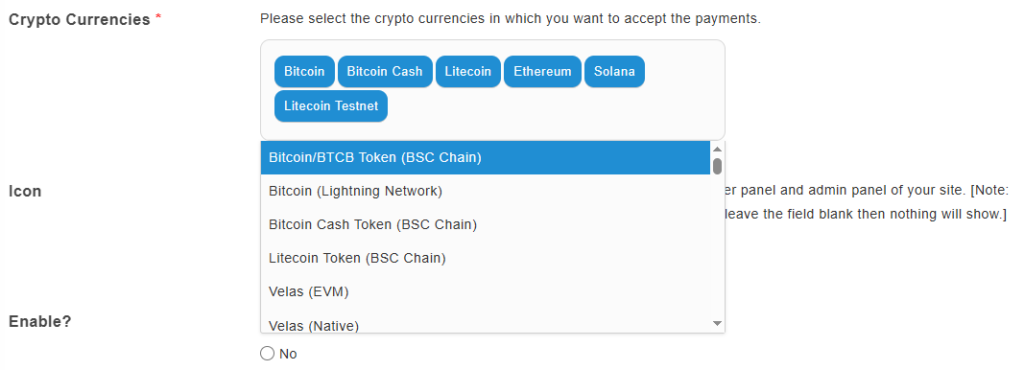 Users will be able to choose admin configurable coins
